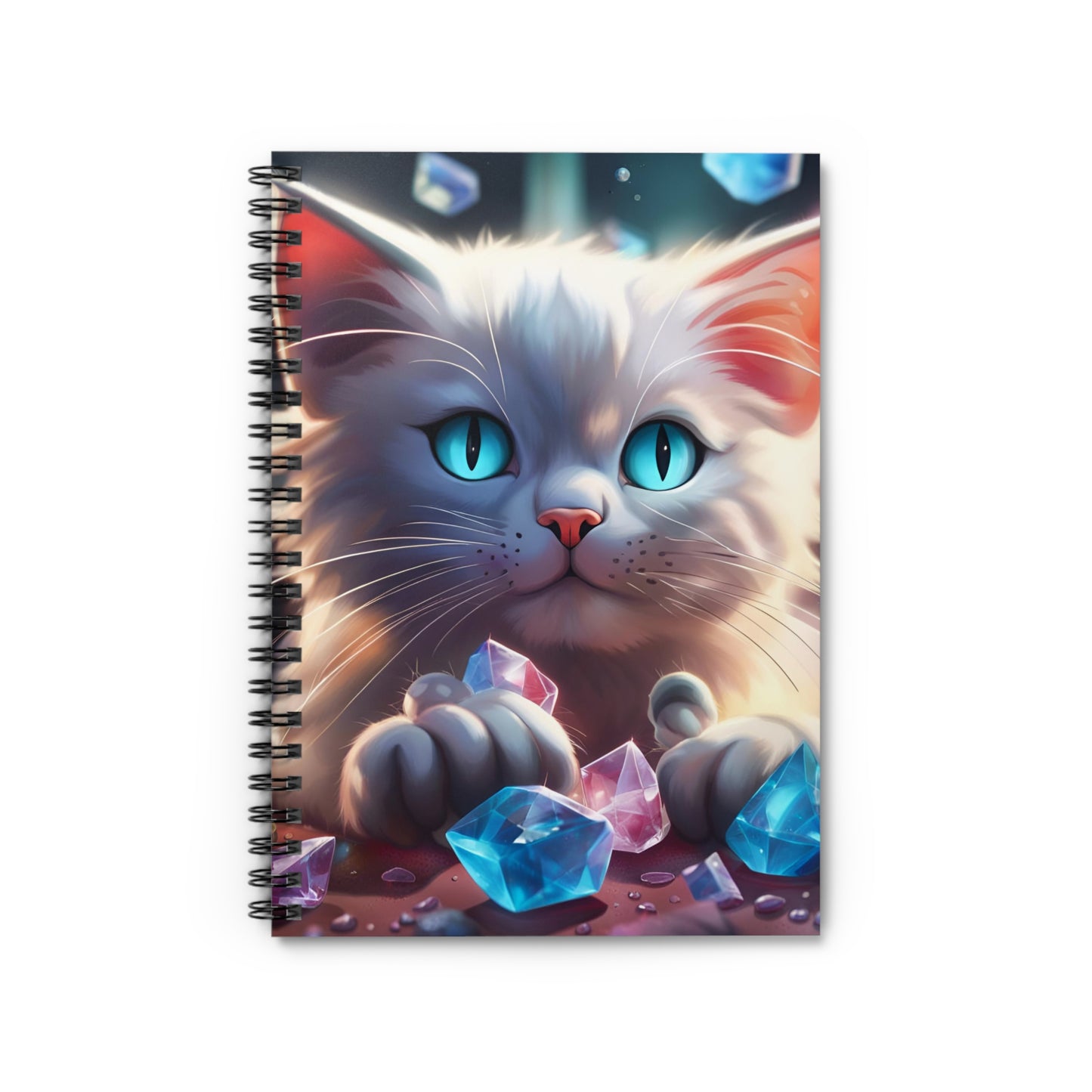 White Cat Playing with Crystals Spiral Notebook - Ruled Line