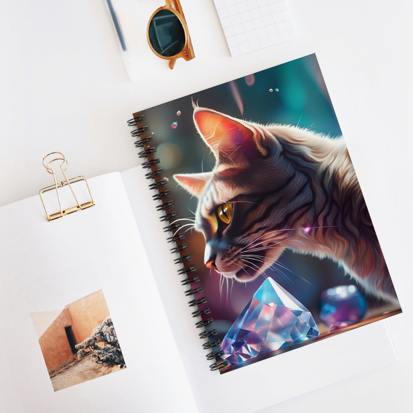 Tabby Cat Playing with Crystals Spiral Notebook - Ruled Line