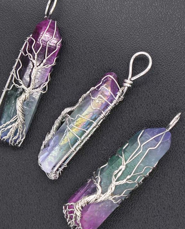 Titanium Coated Quartz Pendant-Tree of Life wire wrapped design